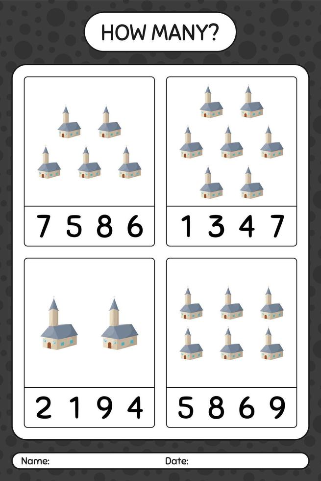 How many counting game with church. worksheet for preschool kids, kids activity sheet vector