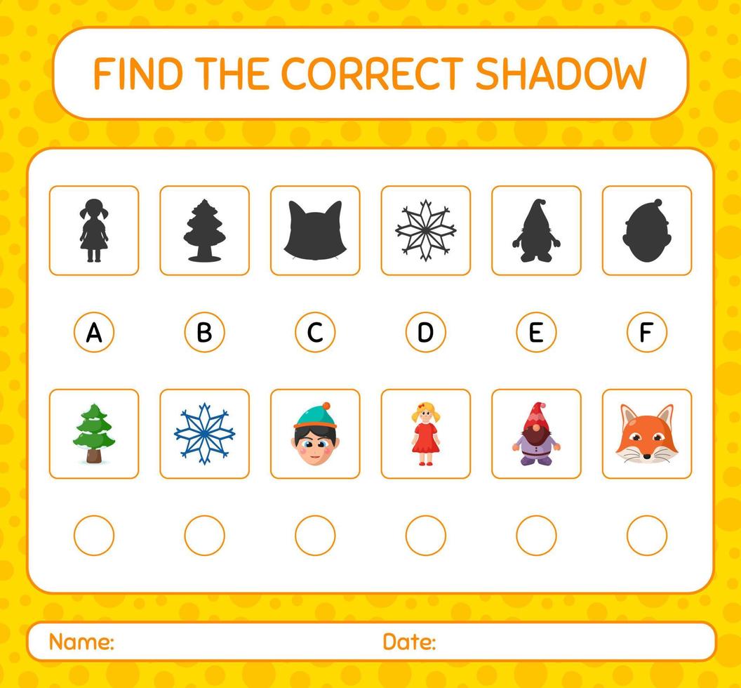 Find the correct shadows game with christmas icon. worksheet for preschool kids, kids activity sheet vector