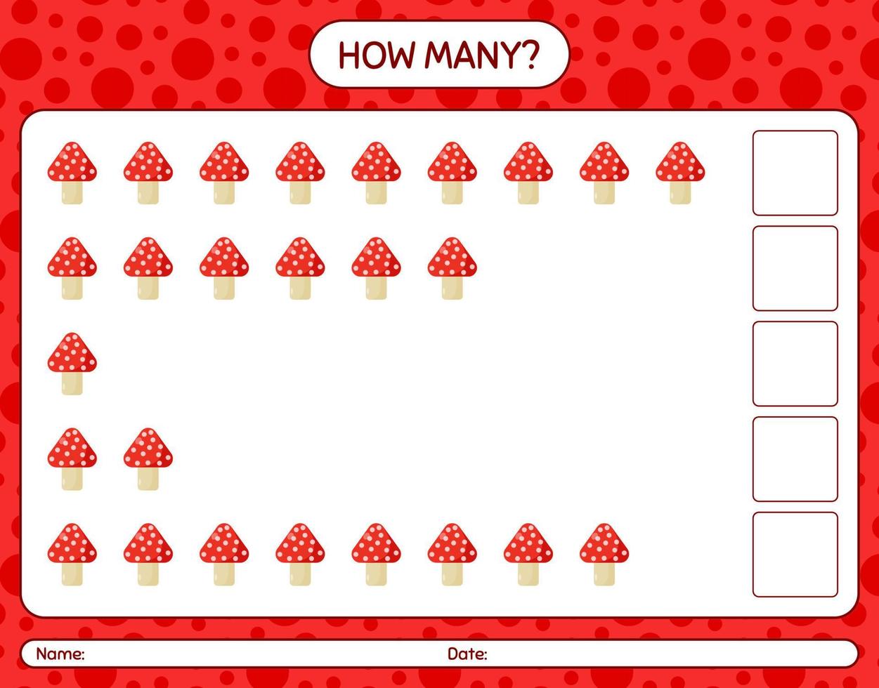 How many counting game with mushroom. worksheet for preschool kids, kids activity sheet vector