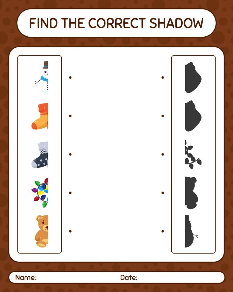 Find the correct shadows game with christmas icon. worksheet for preschool kids, kids activity sheet vector