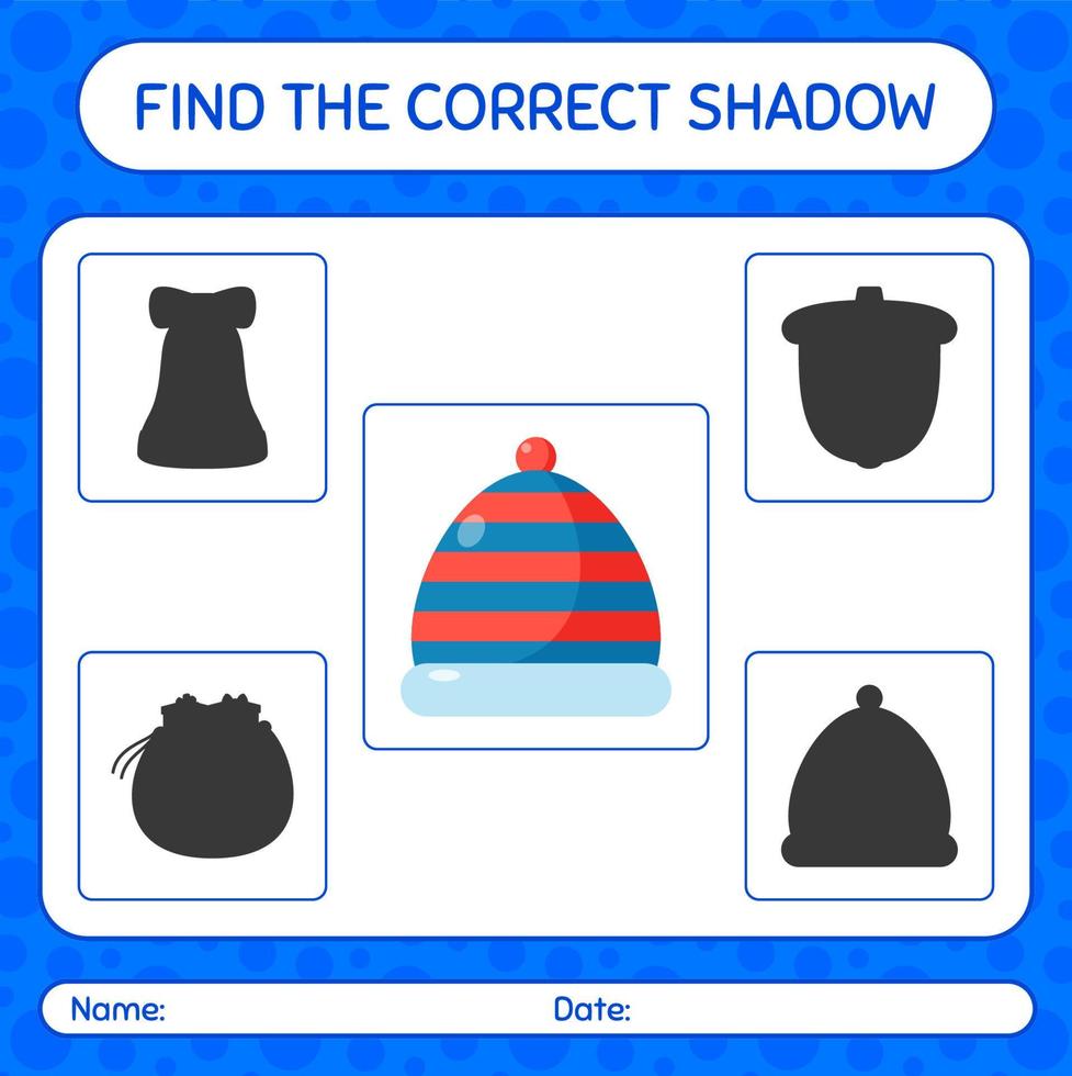 Find the correct shadows game with beanie. worksheet for preschool kids, kids activity sheet vector