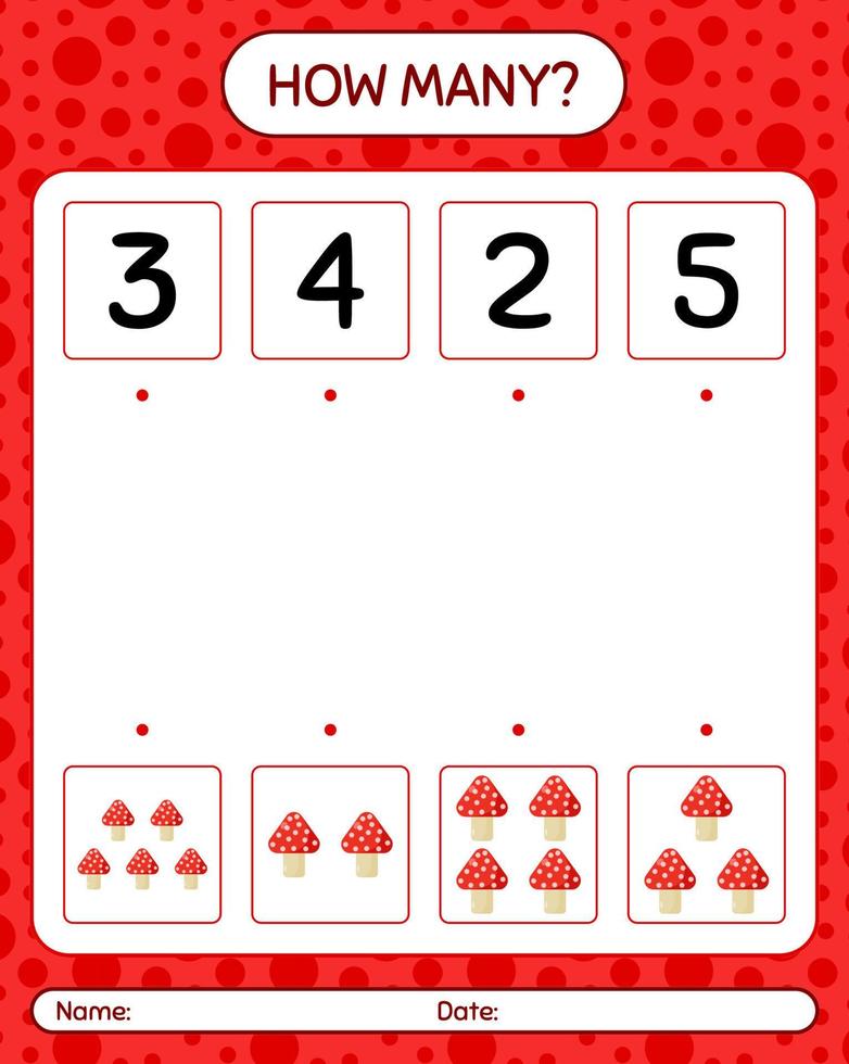 How many counting game with mushroom. worksheet for preschool kids, kids activity sheet vector