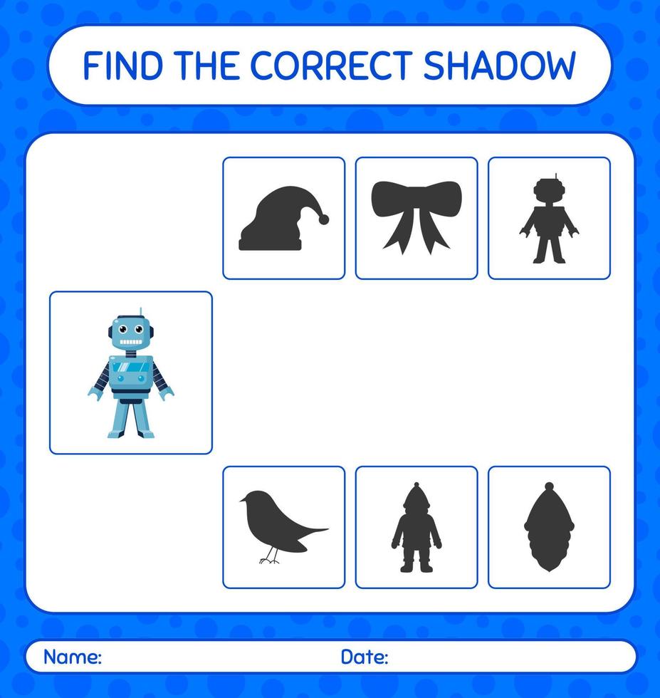 Find the correct shadows game with robot toy. worksheet for preschool kids, kids activity sheet vector