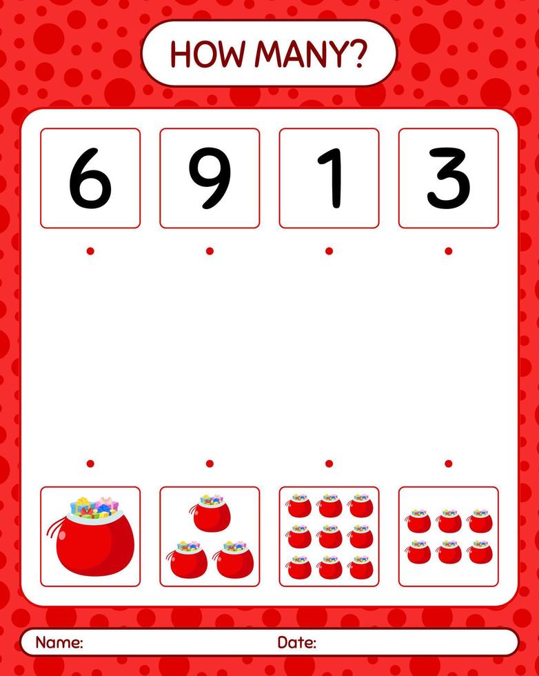How many counting game with santa's bag. worksheet for preschool kids, kids activity sheet vector