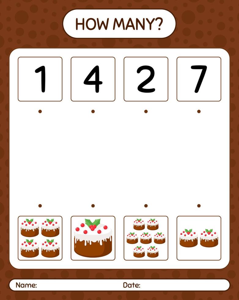 How many counting game with christmas cake. worksheet for preschool kids, kids activity sheet vector
