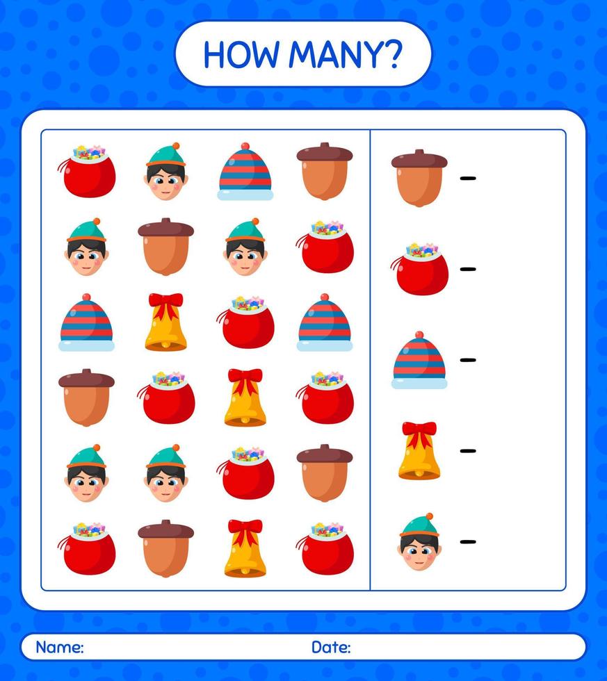 How many counting game with christmas icon. worksheet for preschool kids, kids activity sheet vector