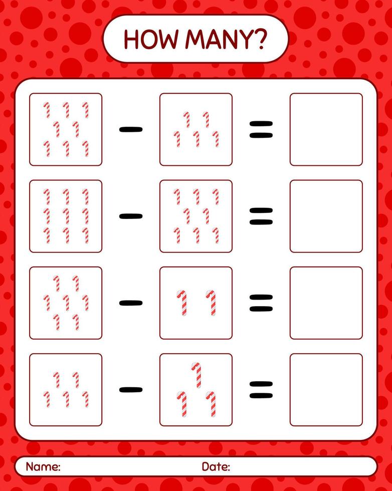 How many counting game with candy cane. worksheet for preschool kids, kids activity sheet vector