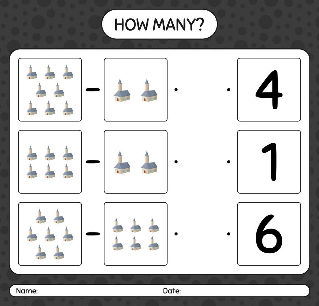 How many counting game with church. worksheet for preschool kids, kids activity sheet vector