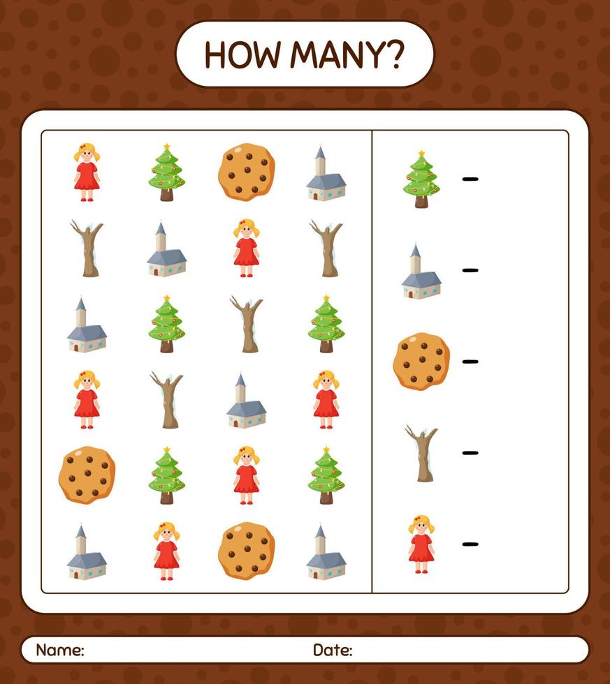 How many counting game with christmas icon. worksheet for preschool kids, kids activity sheet vector