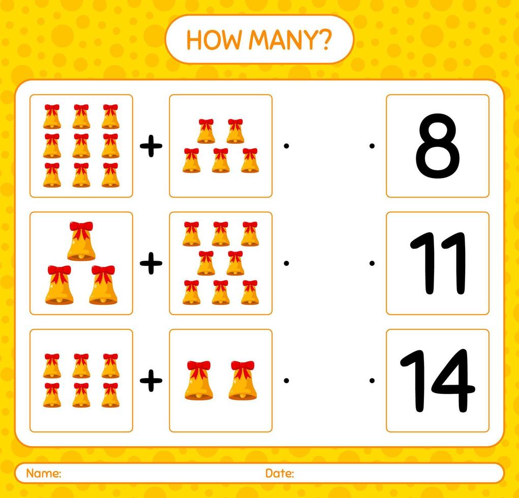 How many counting game with bell. worksheet for preschool kids, kids activity sheet vector