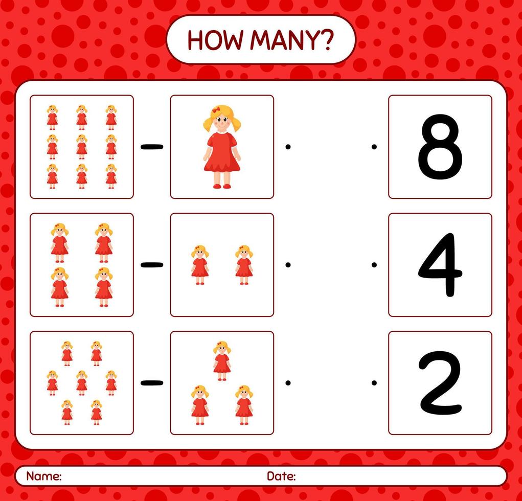 How many counting game with doll. worksheet for preschool kids, kids activity sheet vector