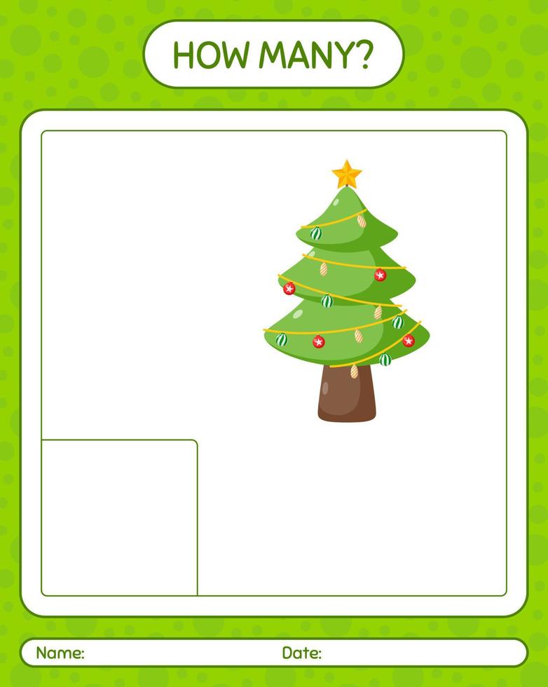 How many counting game with christmas tree. worksheet for preschool kids, kids activity sheet vector