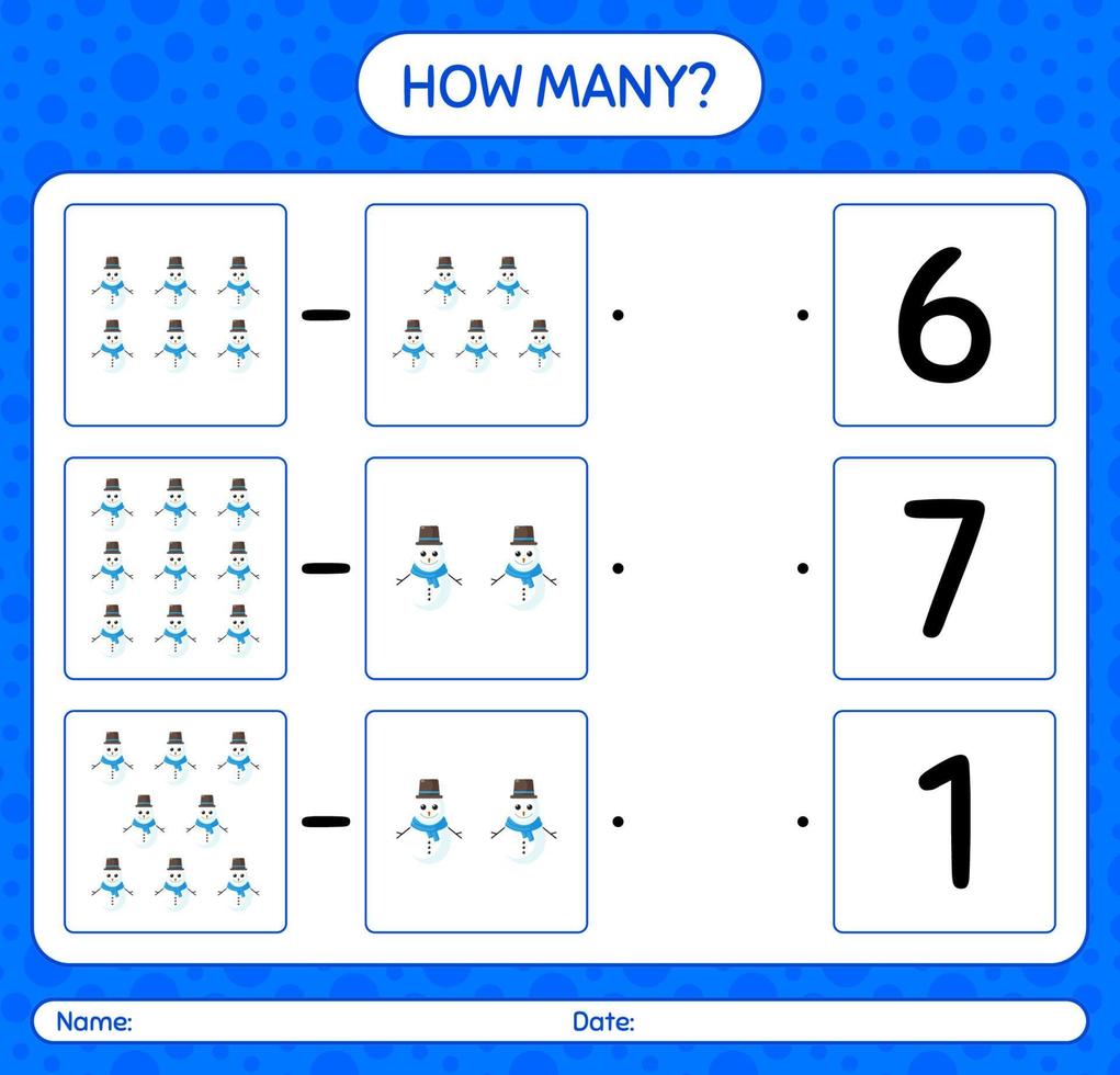 How many counting game with snowman. worksheet for preschool kids, kids activity sheet vector