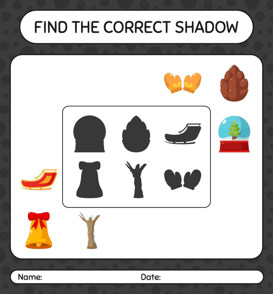 Find the correct shadows game with christmas icon. worksheet for preschool kids, kids activity sheet vector