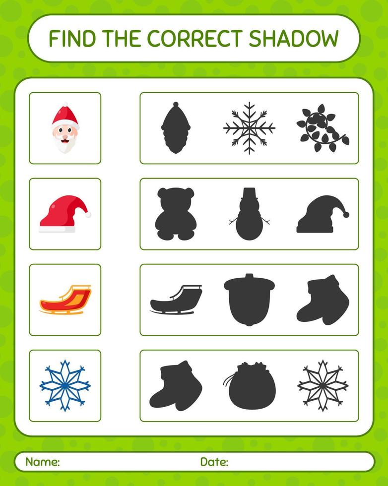 Find the correct shadows game with christmas icon. worksheet for preschool kids, kids activity sheet vector