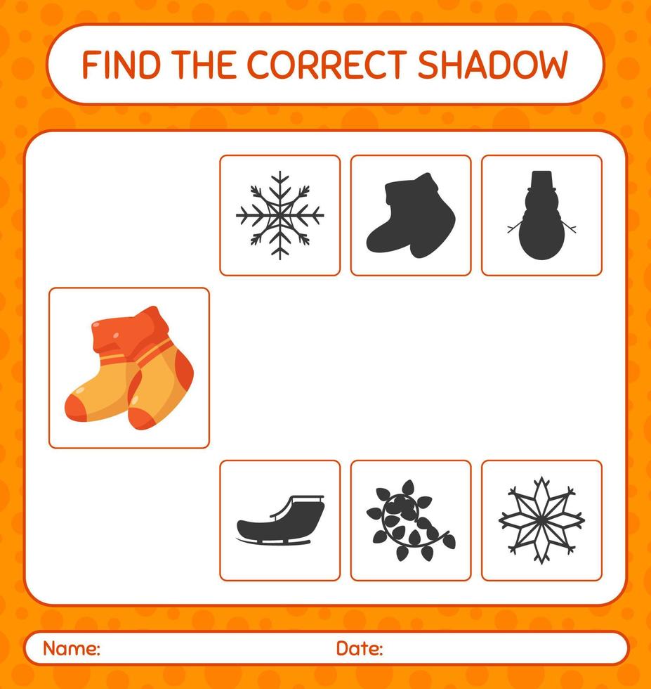 Find the correct shadows game with sock. worksheet for preschool kids, kids activity sheet vector