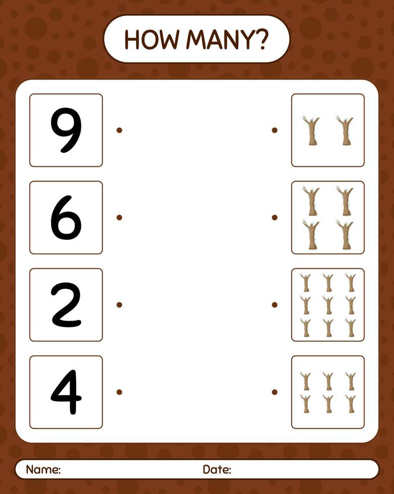 How many counting game with dead tree. worksheet for preschool kids, kids activity sheet vector