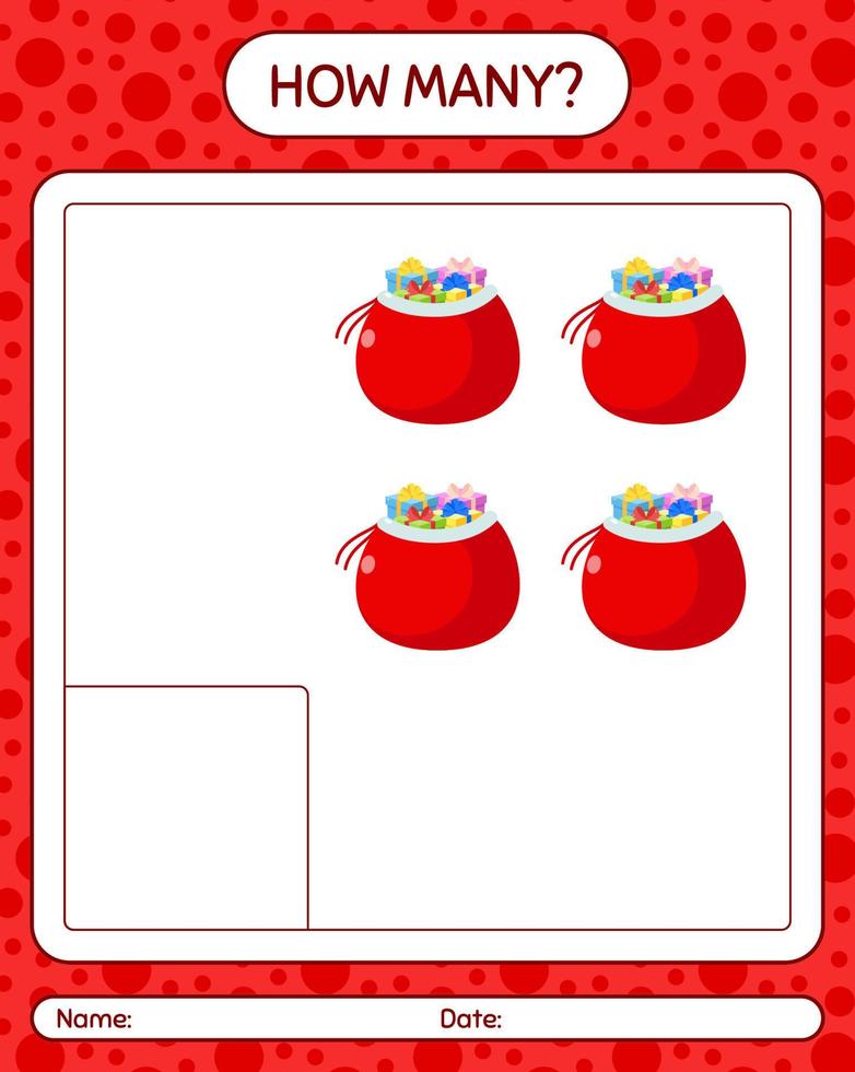 How many counting game with santa's bag. worksheet for preschool kids, kids activity sheet vector