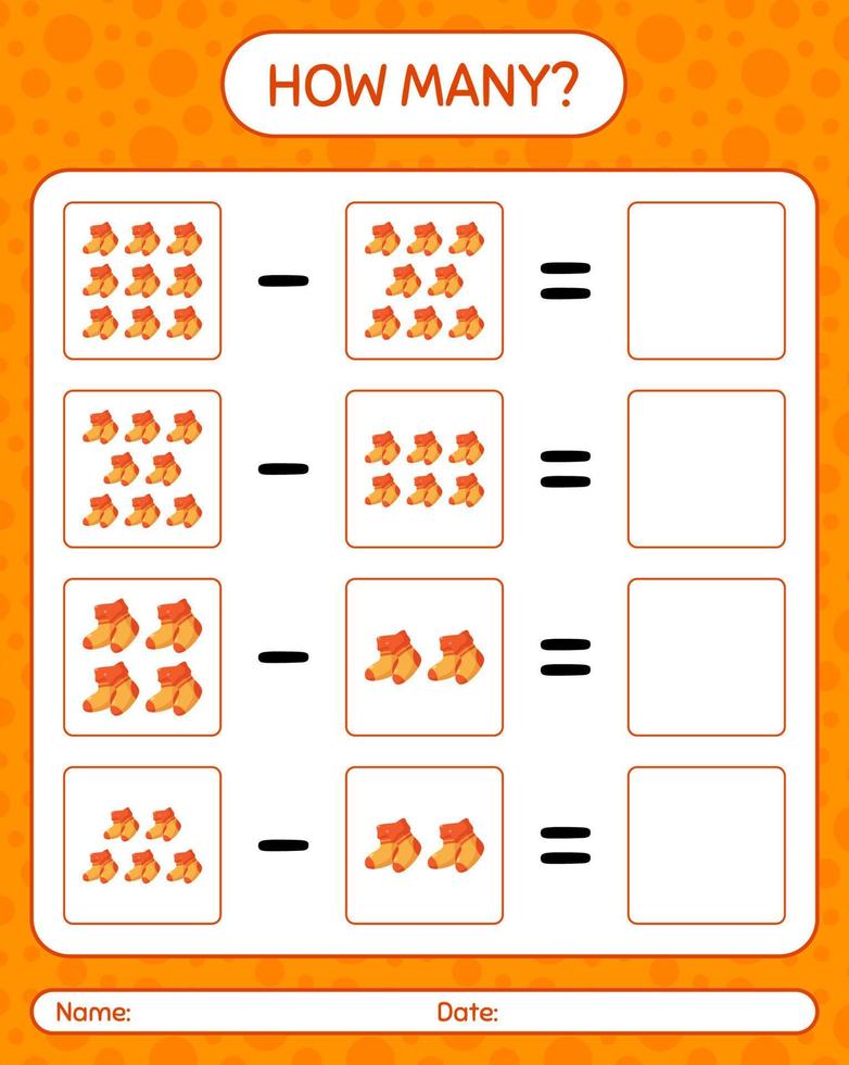 cuántos juegos de contar con calcetín. hoja de trabajo para niños en edad preescolar, hoja de actividades para niños vector