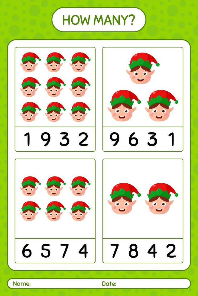 How many counting game with elf. worksheet for preschool kids, kids activity sheet vector