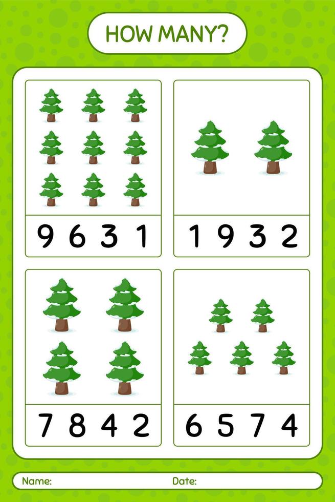 How many counting game with pine tree. worksheet for preschool kids, kids activity sheet vector