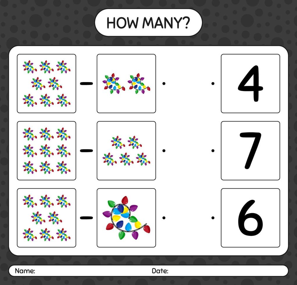 How many counting game with string light. worksheet for preschool kids, kids activity sheet vector