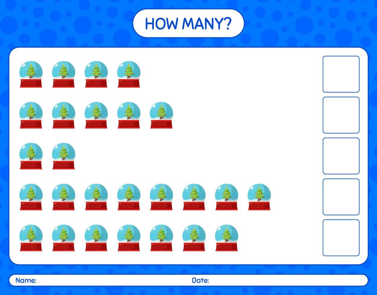 How many counting game with glass snow ball. worksheet for preschool kids, kids activity sheet vector