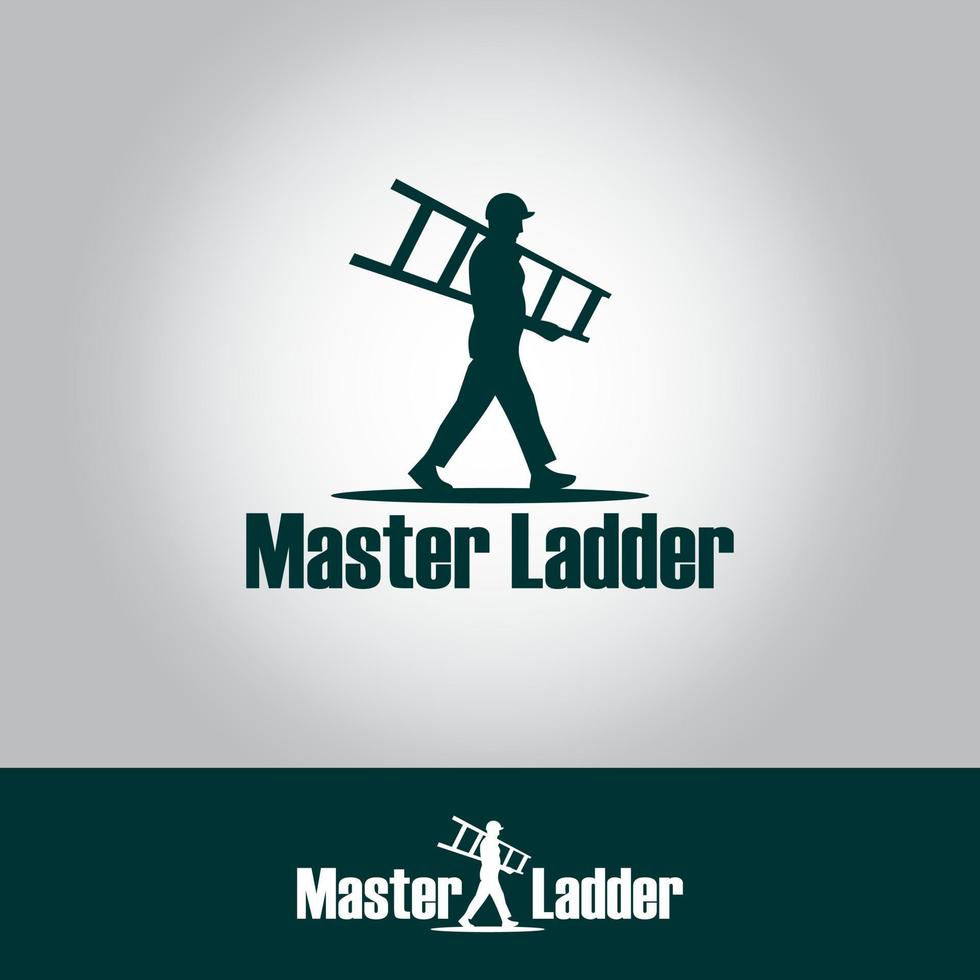 Master Ladder Company Logo Design Template, Pictorial Mark Logo Concept, Character Logo, People Carrying Stairs, Gray, Dark Green, Home Service vector