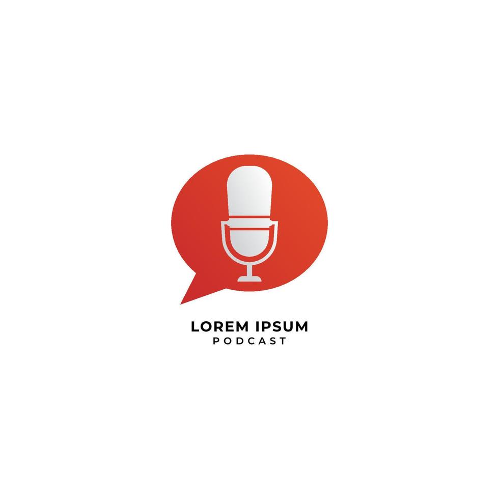 Minimal podcast logo design concept. Microphone illustration with orange call out shape or chatting icon behind. Broadcasting, Host, Announcer, Anchor, Radio Station, Stand up comedy vector