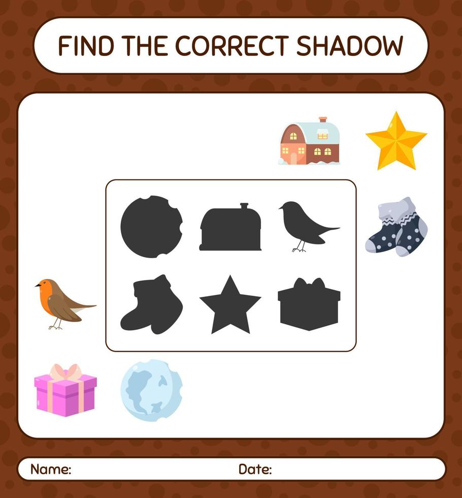 Find the correct shadows game with christmas icon. worksheet for preschool kids, kids activity sheet vector