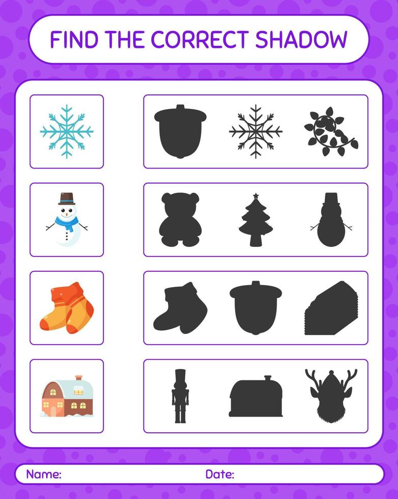 Find the correct shadows game with christmas icon. worksheet for preschool kids, kids activity sheet vector