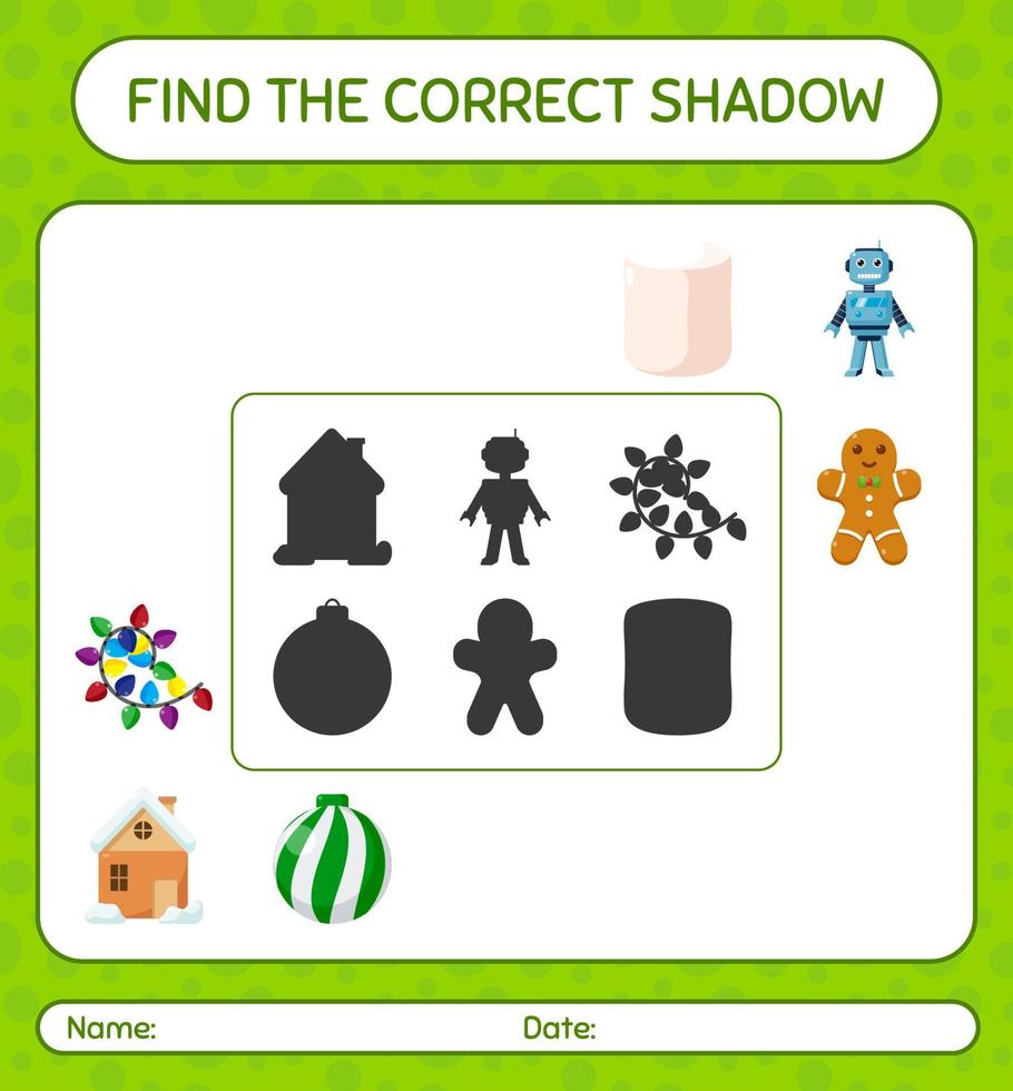 encuentra el juego de sombras correcto con el icono de navidad. hoja de trabajo para niños en edad preescolar, hoja de actividades para niños vector