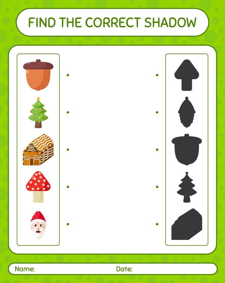 Find the correct shadows game with christmas icon. worksheet for preschool kids, kids activity sheet vector