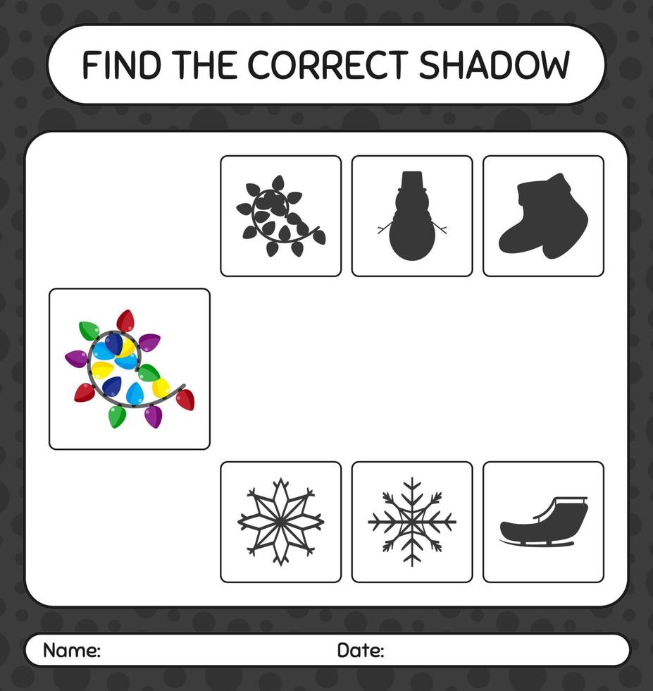 encuentra el juego de sombras correcto con luces de cadena. hoja de trabajo para niños en edad preescolar, hoja de actividades para niños vector