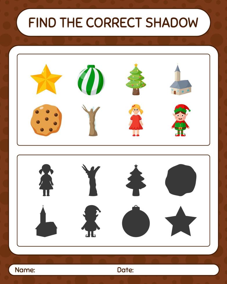 Find the correct shadows game with christmas icon. worksheet for preschool kids, kids activity sheet vector