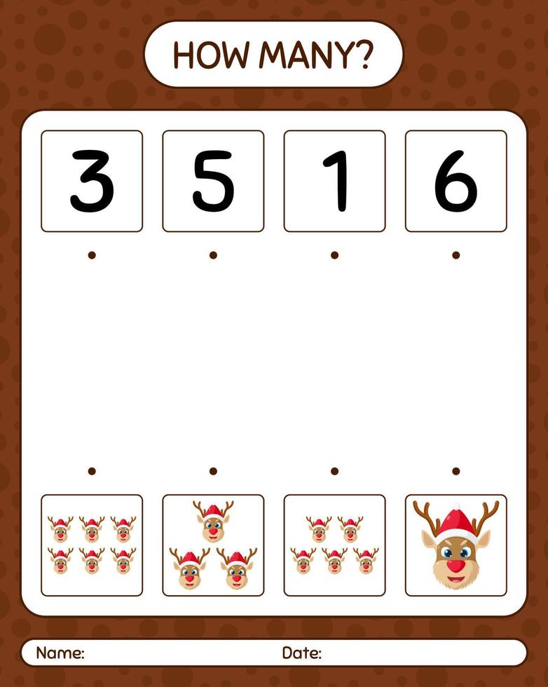 How many counting game with reindeer. worksheet for preschool kids, kids activity sheet vector