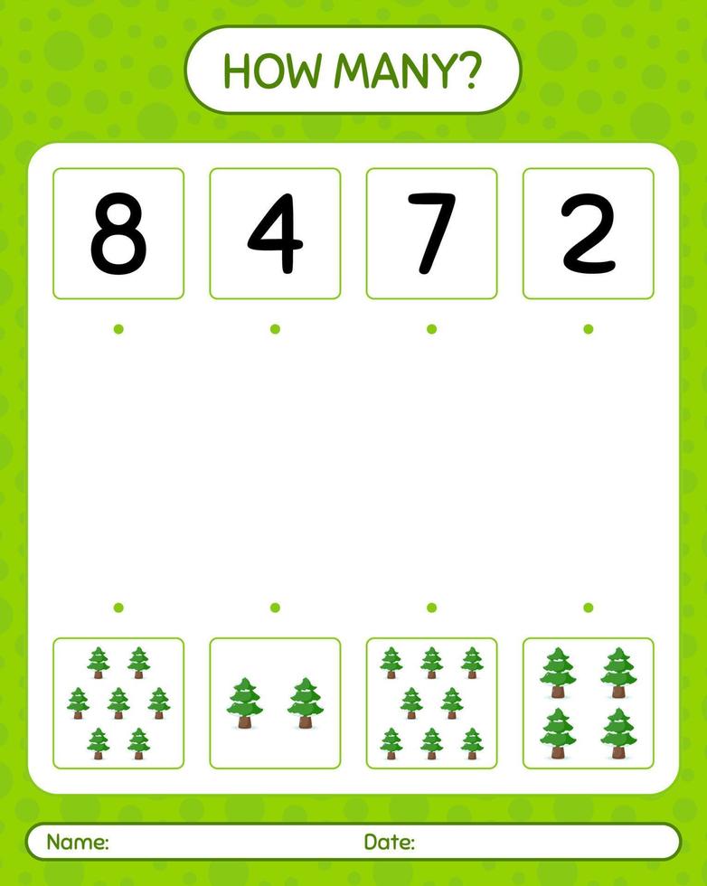 How many counting game with pine tree. worksheet for preschool kids, kids activity sheet vector