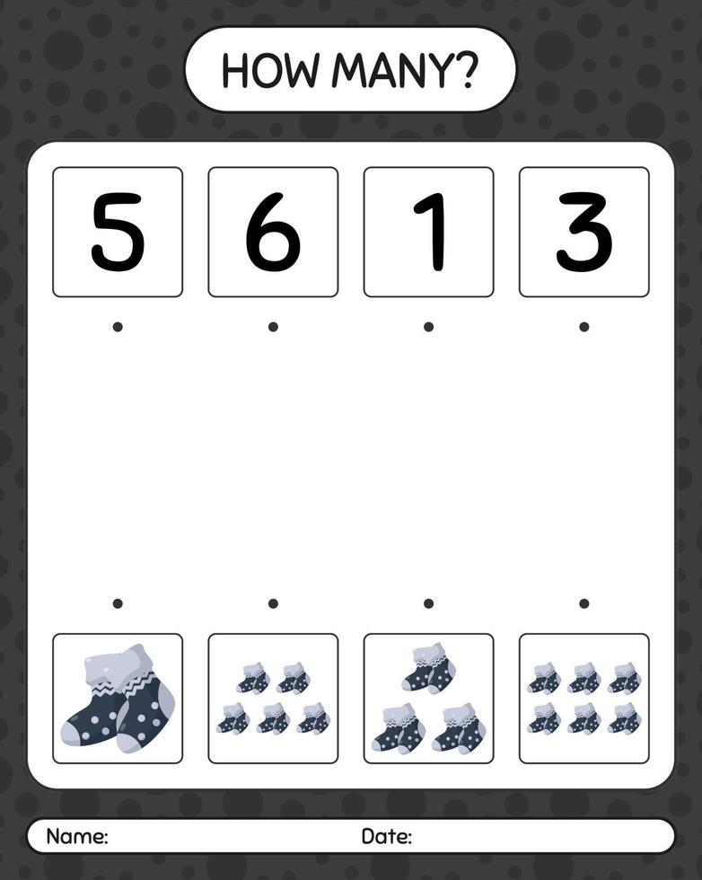 How many counting game with sock. worksheet for preschool kids, kids activity sheet vector