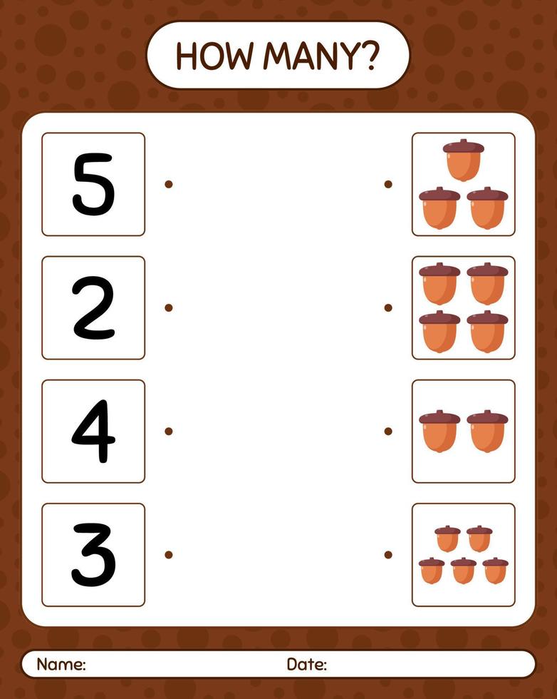 How many counting game with acorn. worksheet for preschool kids, kids activity sheet vector