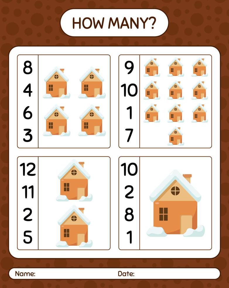How many counting game with house. worksheet for preschool kids, kids activity sheet vector
