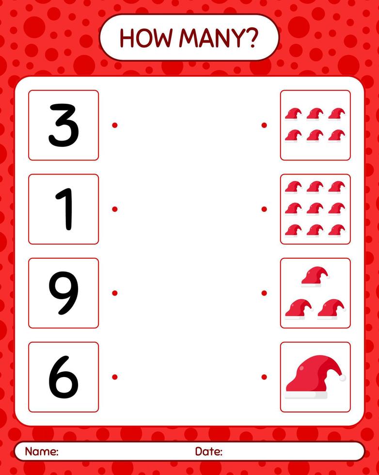 How many counting game with santa hat. worksheet for preschool kids, kids activity sheet vector