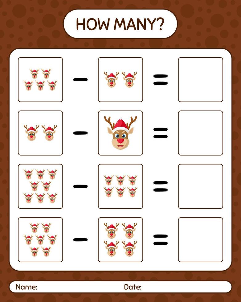 How many counting game with reindeer. worksheet for preschool kids, kids activity sheet vector