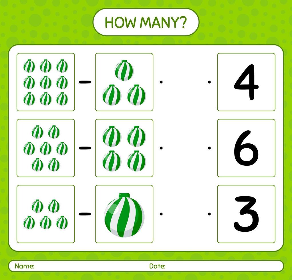 How many counting game with christmas ornament. worksheet for preschool kids, kids activity sheet vector