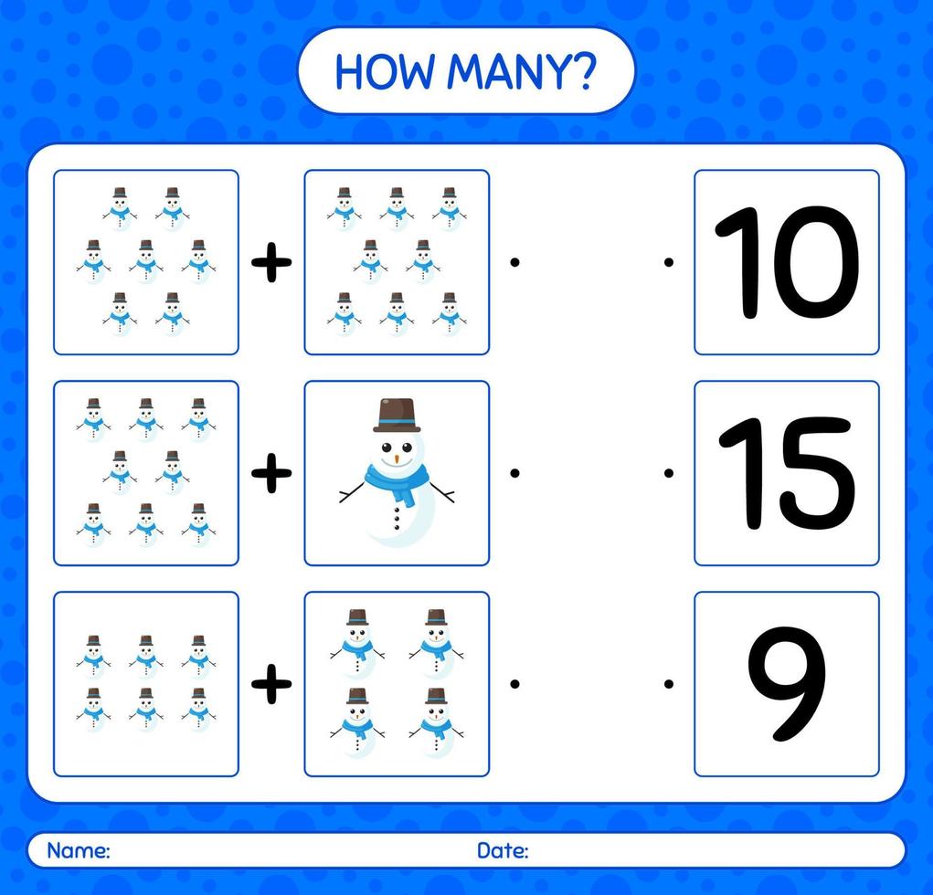 How many counting game with snowman. worksheet for preschool kids, kids activity sheet vector