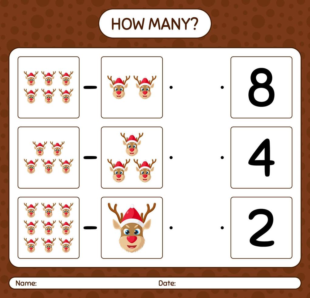 How many counting game with reindeer. worksheet for preschool kids, kids activity sheet vector