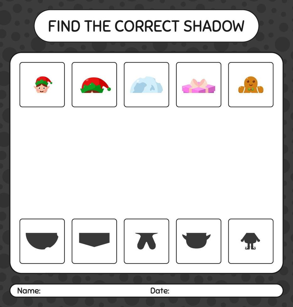 encuentra el juego de sombras correcto con el icono de navidad. hoja de trabajo para niños en edad preescolar, hoja de actividades para niños vector
