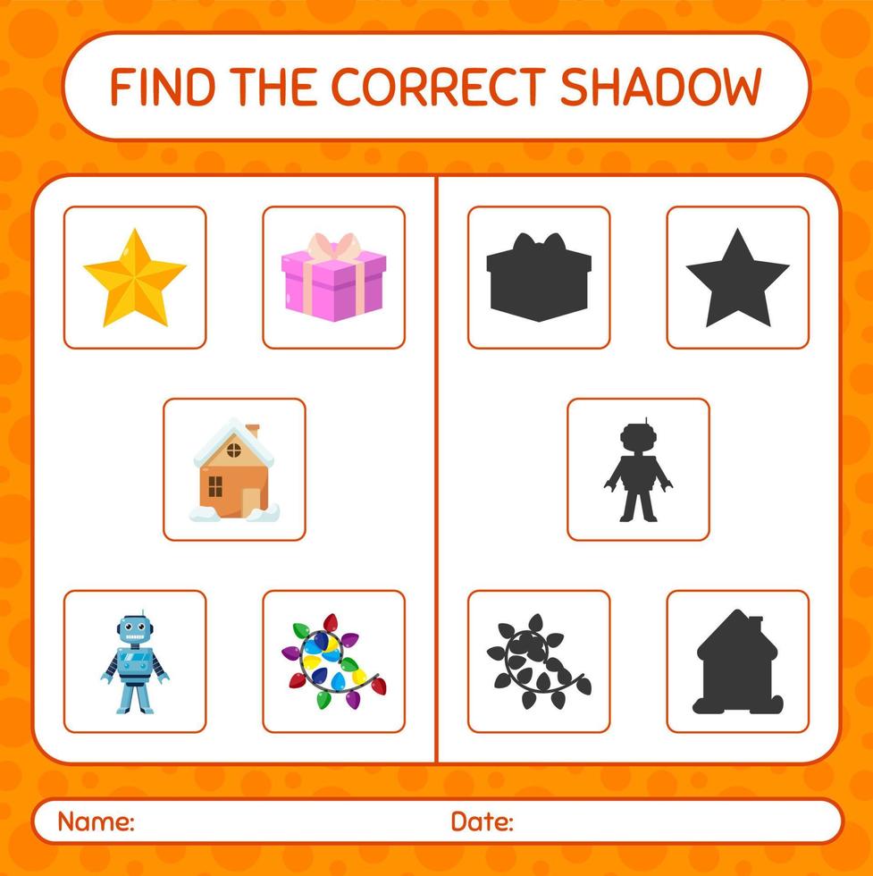 Find the correct shadows game with christmas icon. worksheet for preschool kids, kids activity sheet vector