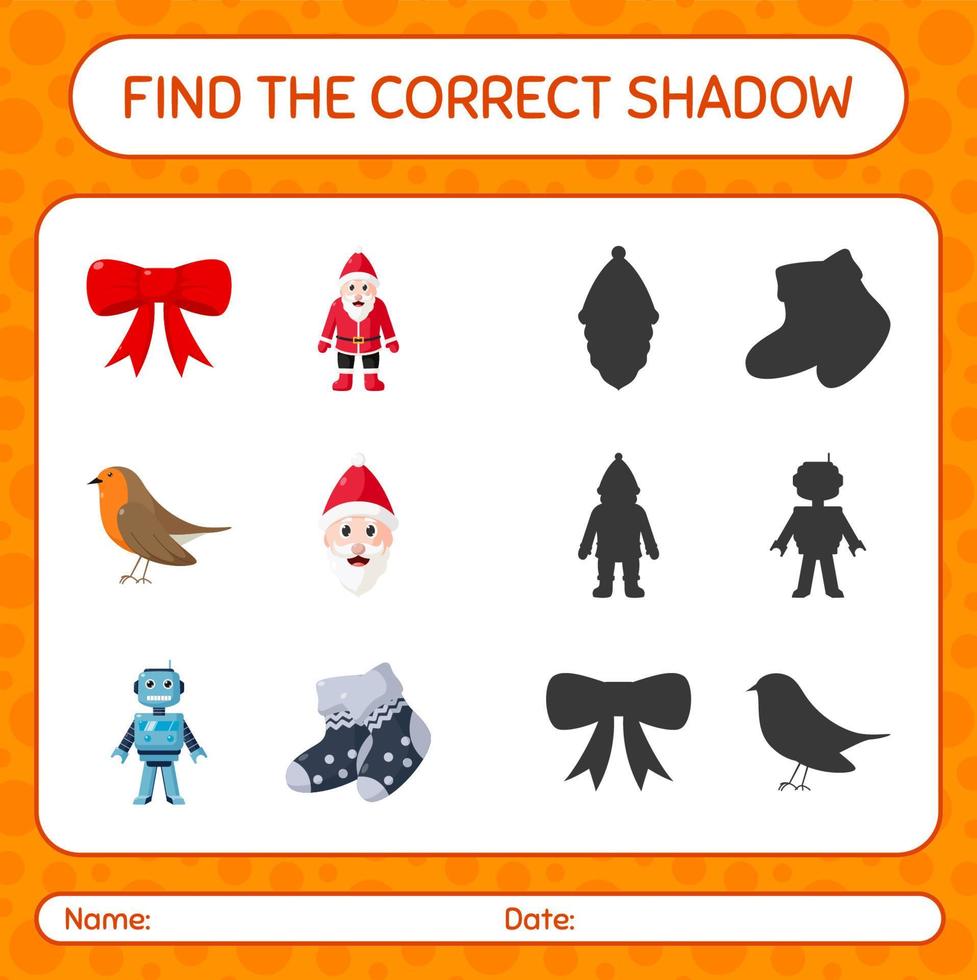 Find the correct shadows game with christmas icon. worksheet for preschool kids, kids activity sheet vector