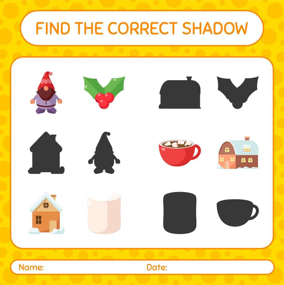 Find the correct shadows game with christmas icon. worksheet for preschool kids, kids activity sheet vector
