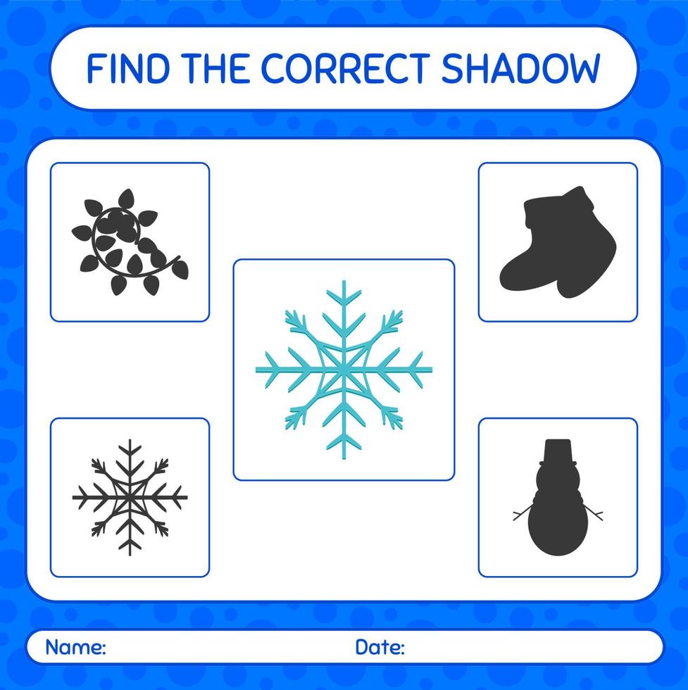 encuentra el juego de sombras correcto con copo de nieve. hoja de trabajo para niños en edad preescolar, hoja de actividades para niños vector